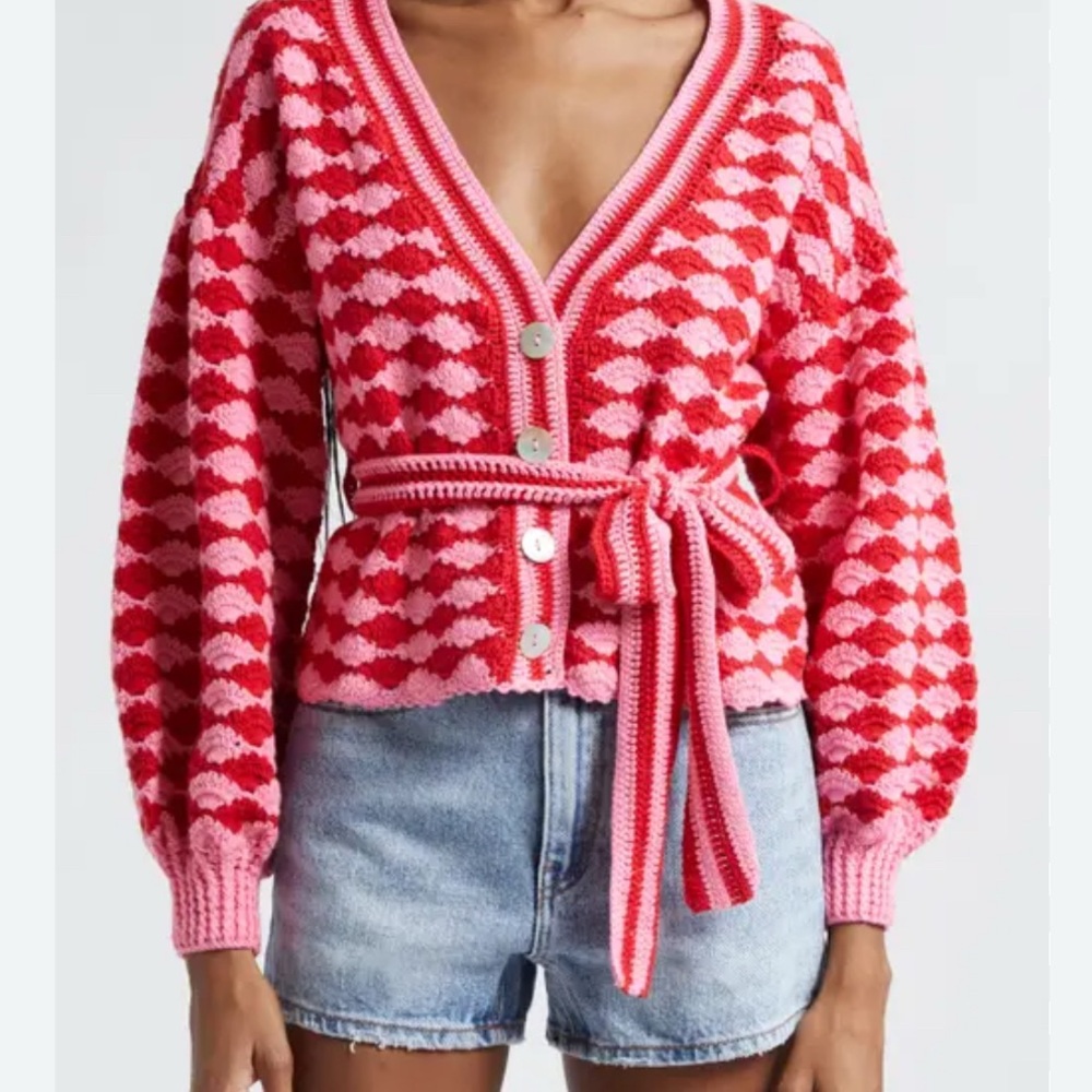 FARM Rio 🍃 HTF ✨ Fan Stitch Belted Crochet Cardigan, Red + Pink, Size Large, NEW - Picture 3 of 14